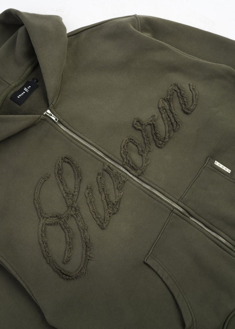 Script Angel Cropped Zip-up Hoodie // Washed Green