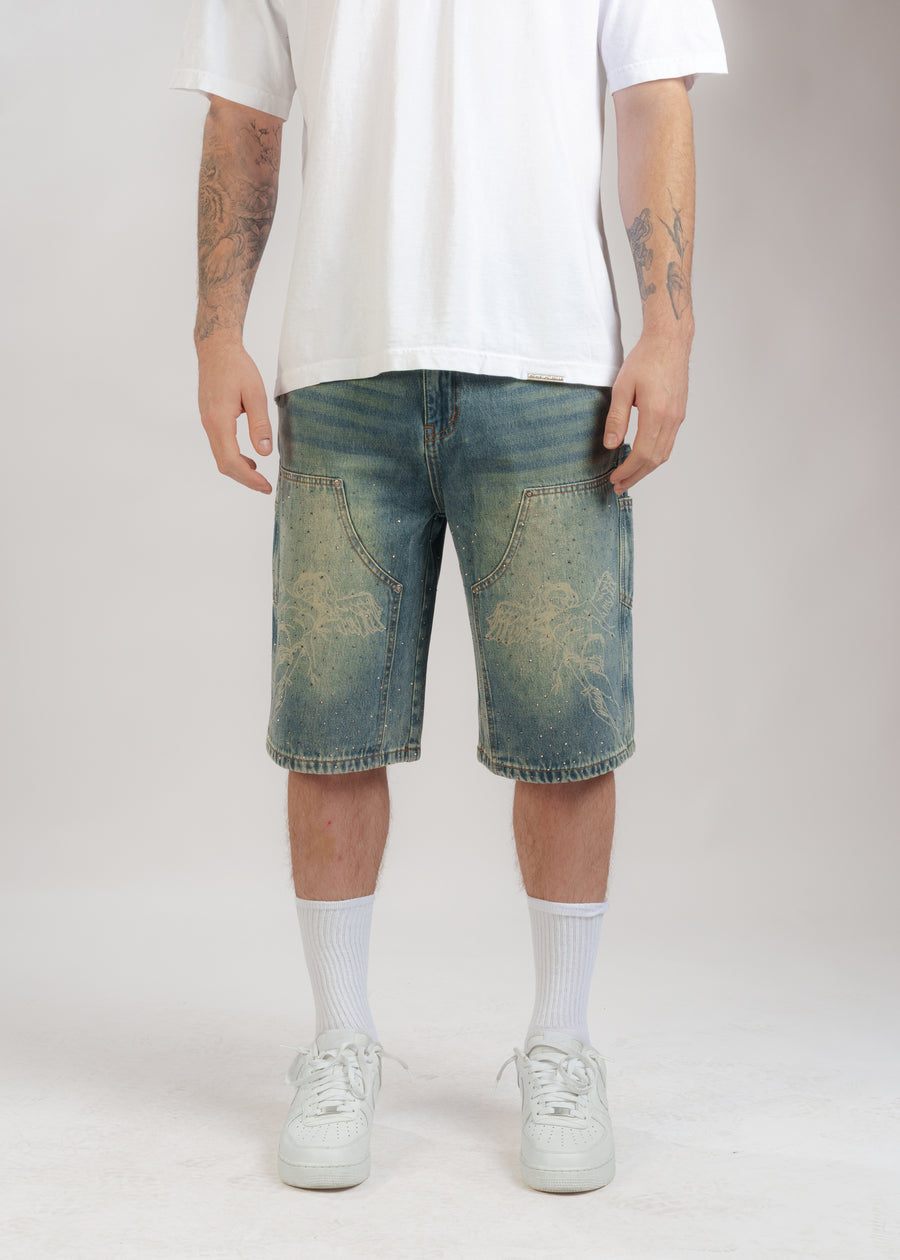 Rhinestone Angel Carpenter Shorts // Denim Blue