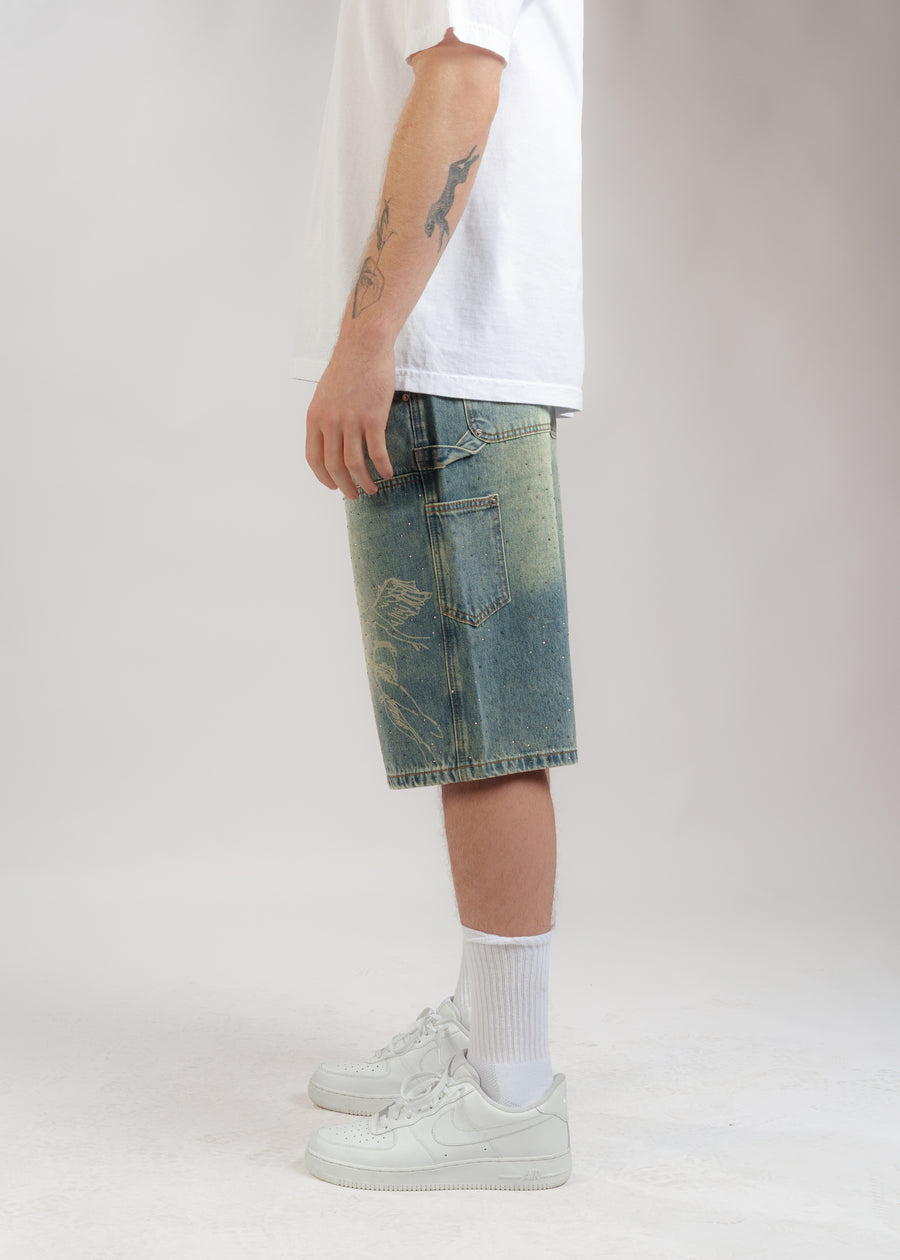 Rhinestone Angel Carpenter Shorts // Denim Blue