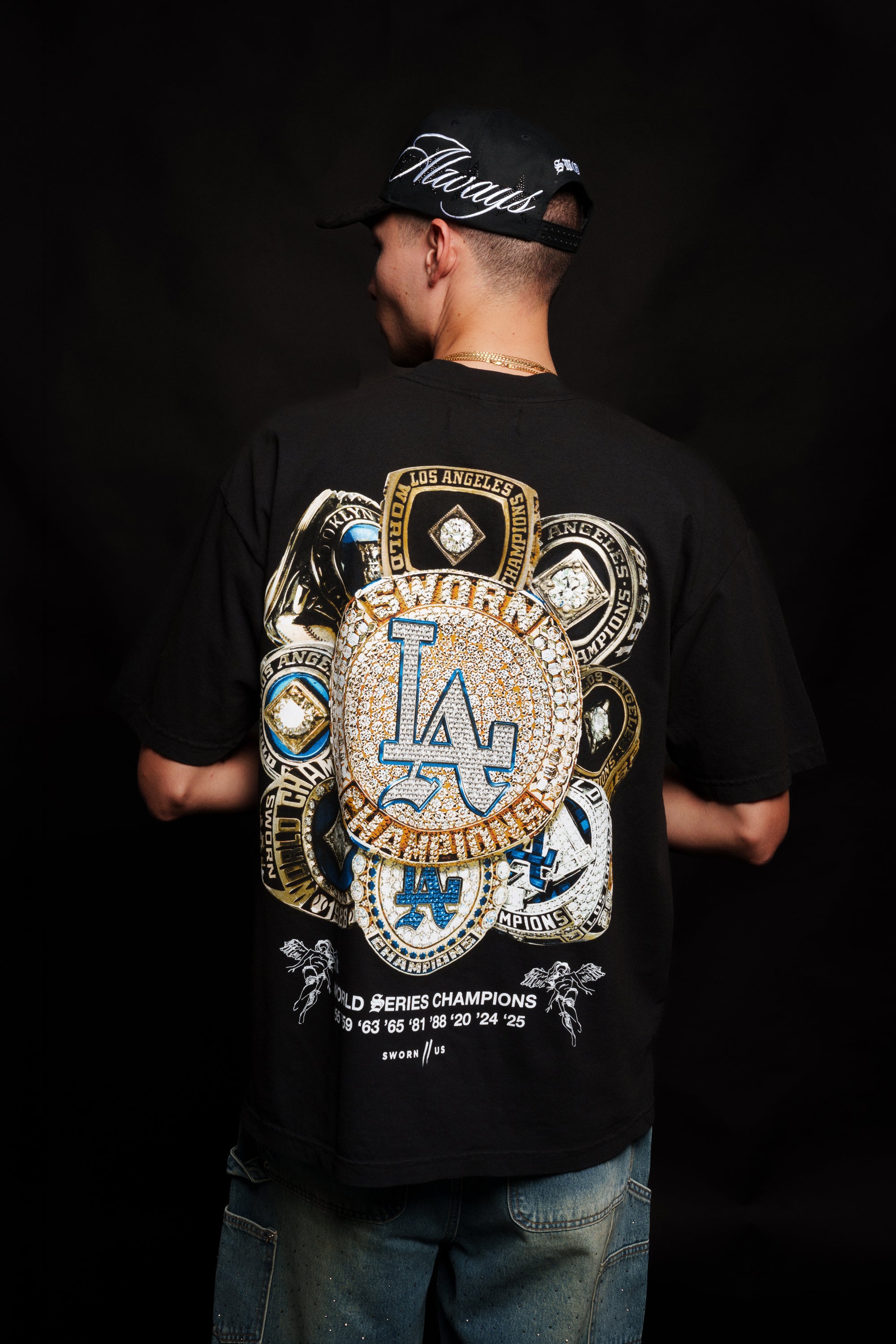 Sworn To Us Number 9 Tee in Black Vertical crop