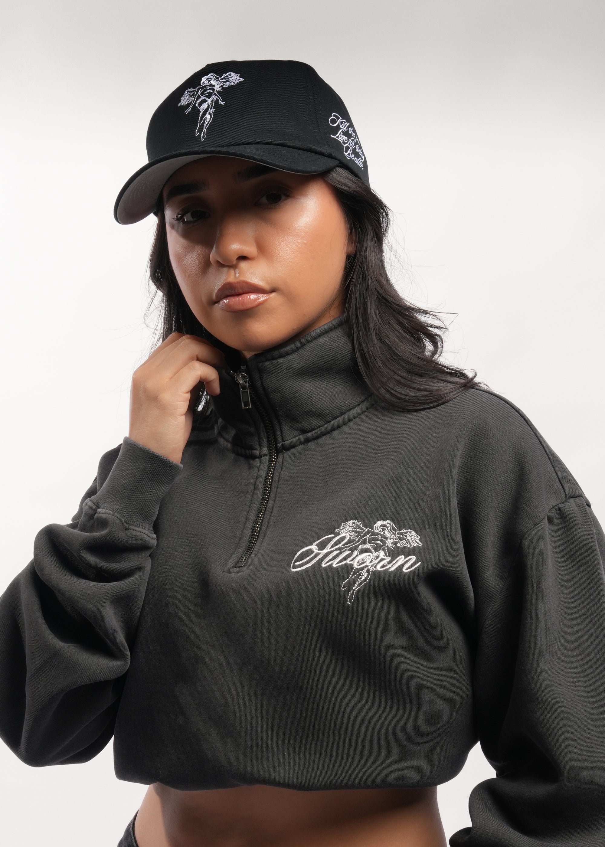 Script Angel Quarter-Zip in Faded Black, detail