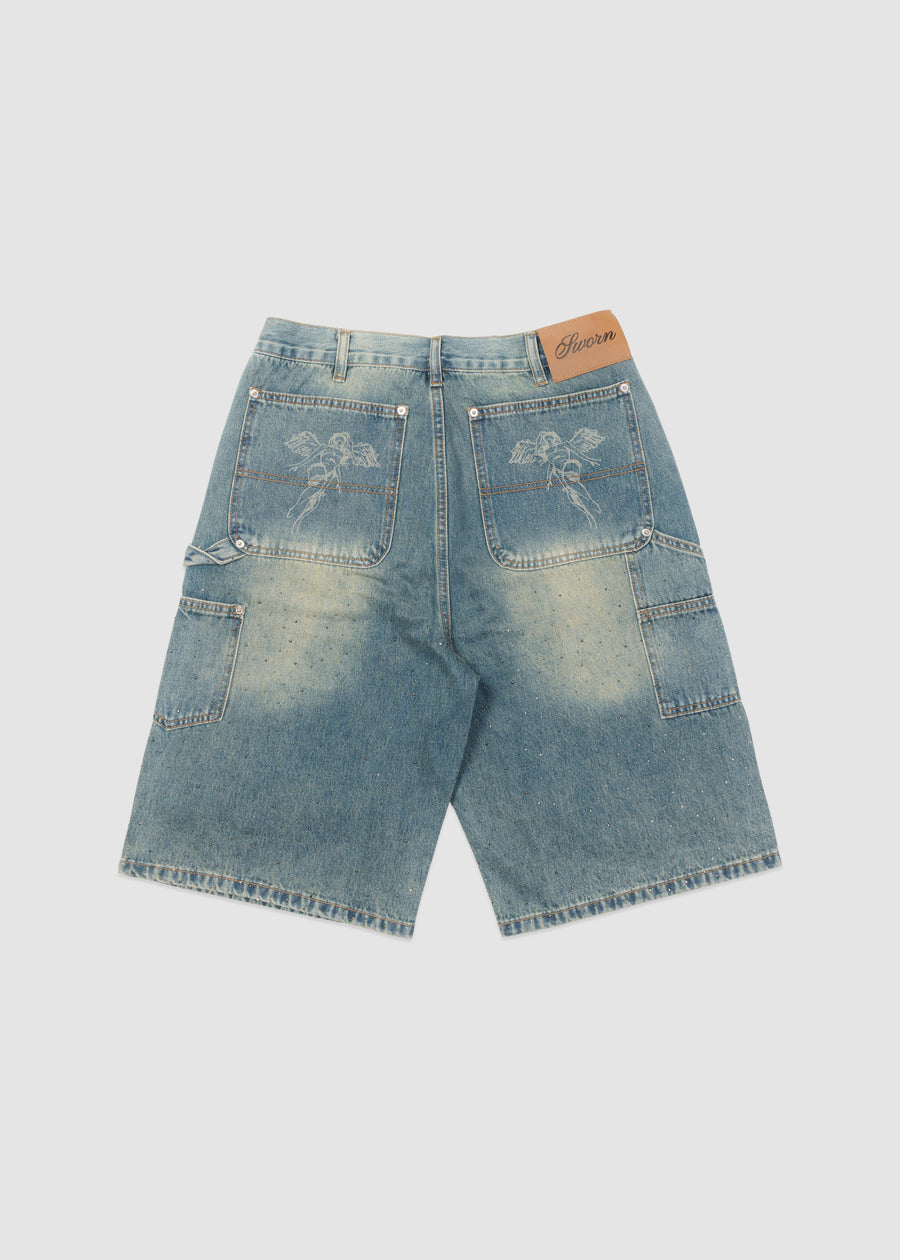 Rhinestone Angel Carpenter Shorts // Denim Blue
