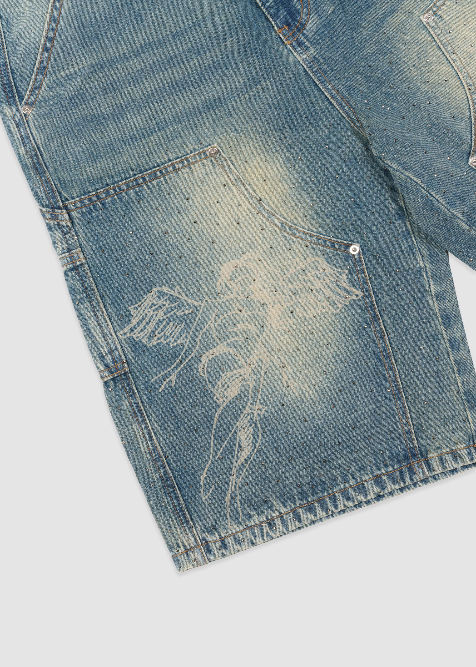 ブレスユー デニムジョーツ Rhinestone Angel Carpenter Shorts // Denim Blue – Sworn To Us