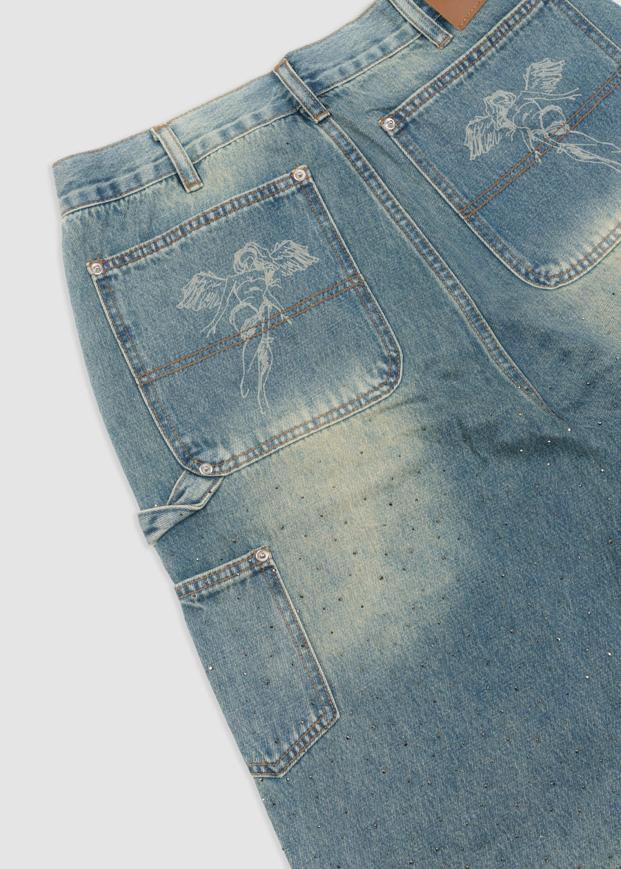 Rhinestone Angel Carpenter Shorts // Denim Blue