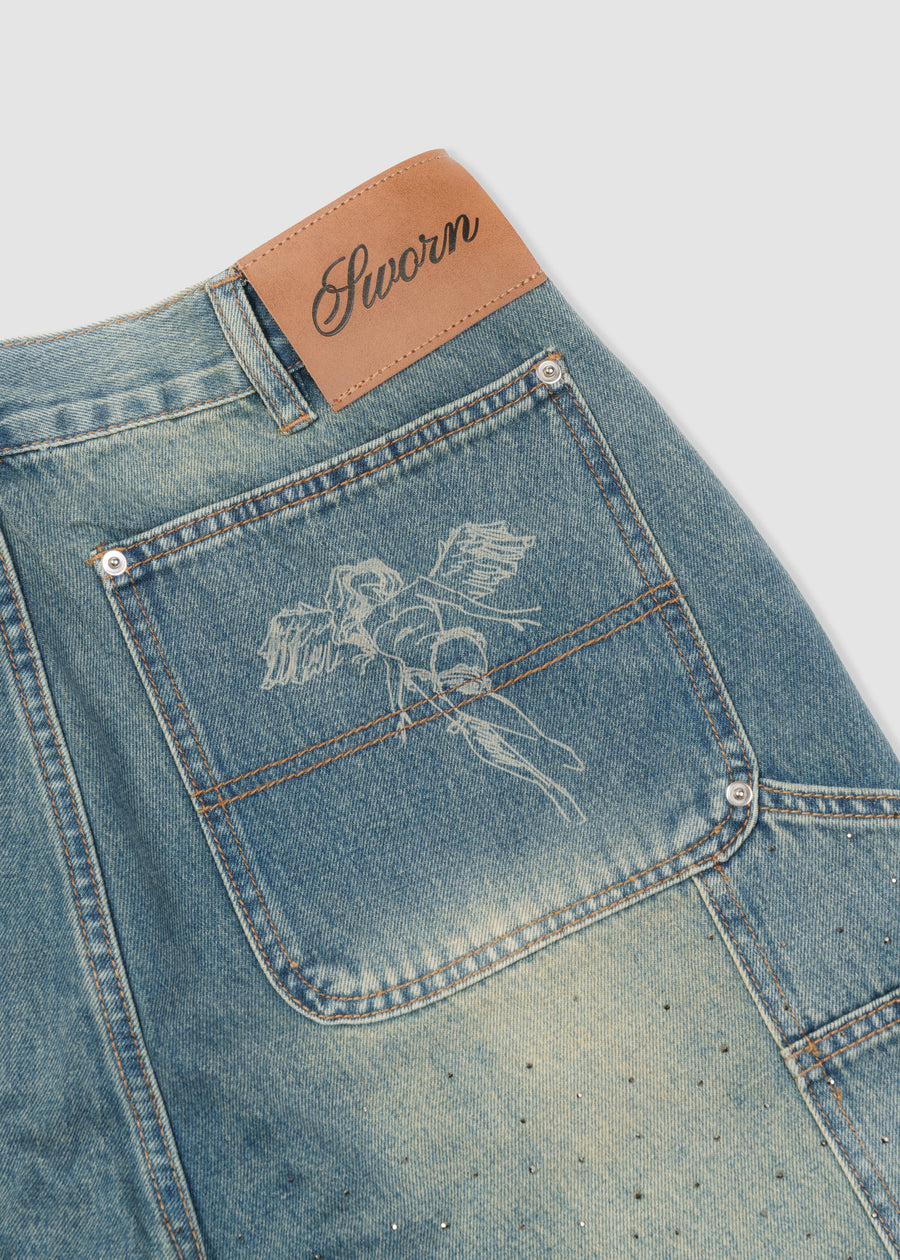 Rhinestone Angel Carpenter Shorts // Denim Blue
