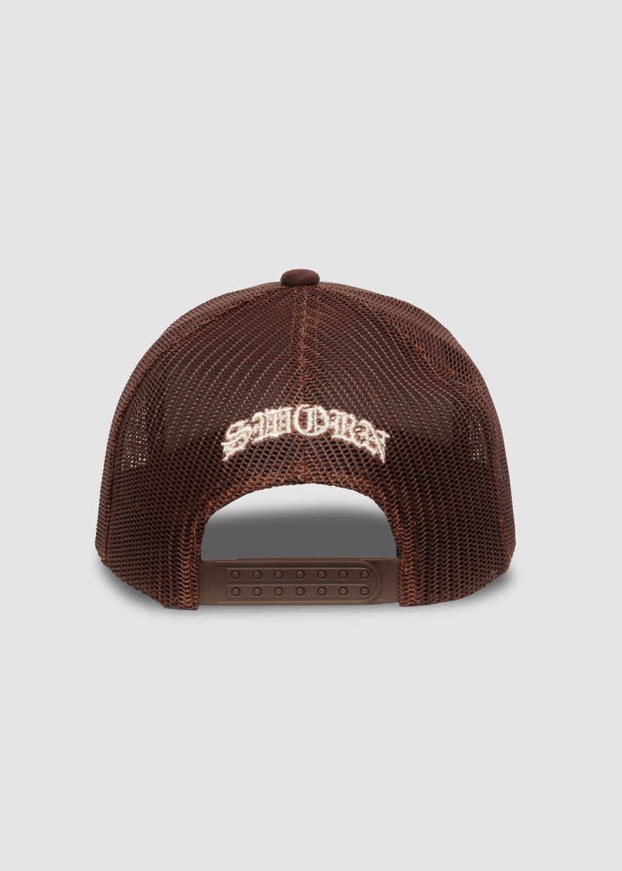 Script Suede Trucker Snapback // Chocolate