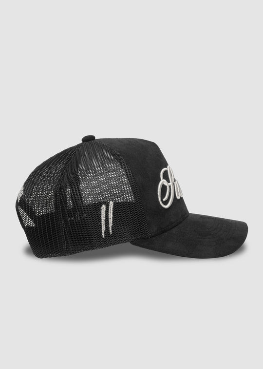 Script Suede Trucker Snapback // Black