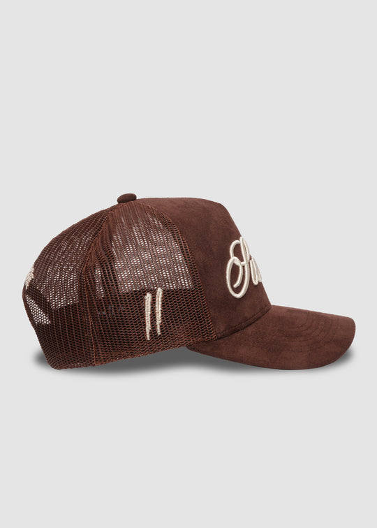 Script Suede Trucker Snapback // Chocolate