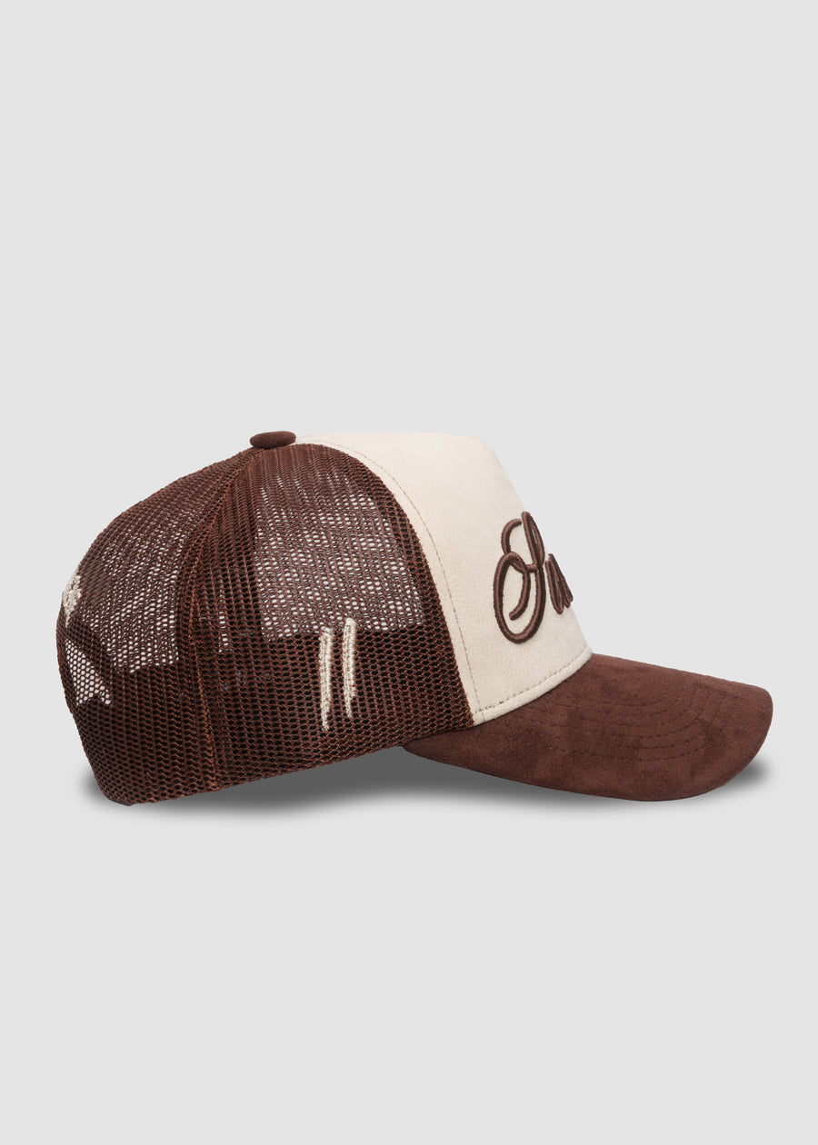 Script Suede Trucker Snapback // Earth